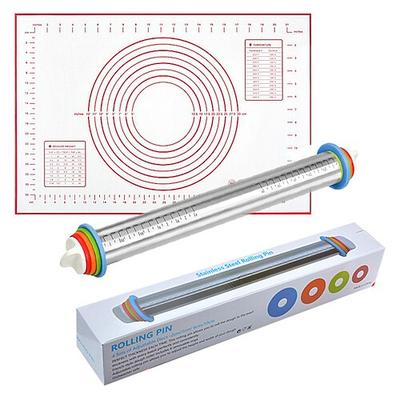 Verstellbarer Nudelholz mit Backmatte, Teigroller aus Edelstahl mit Skala, einstellbare Teigstärke zum Backen, inklusive Backmatte und Teigset für einfaches Ausrollen