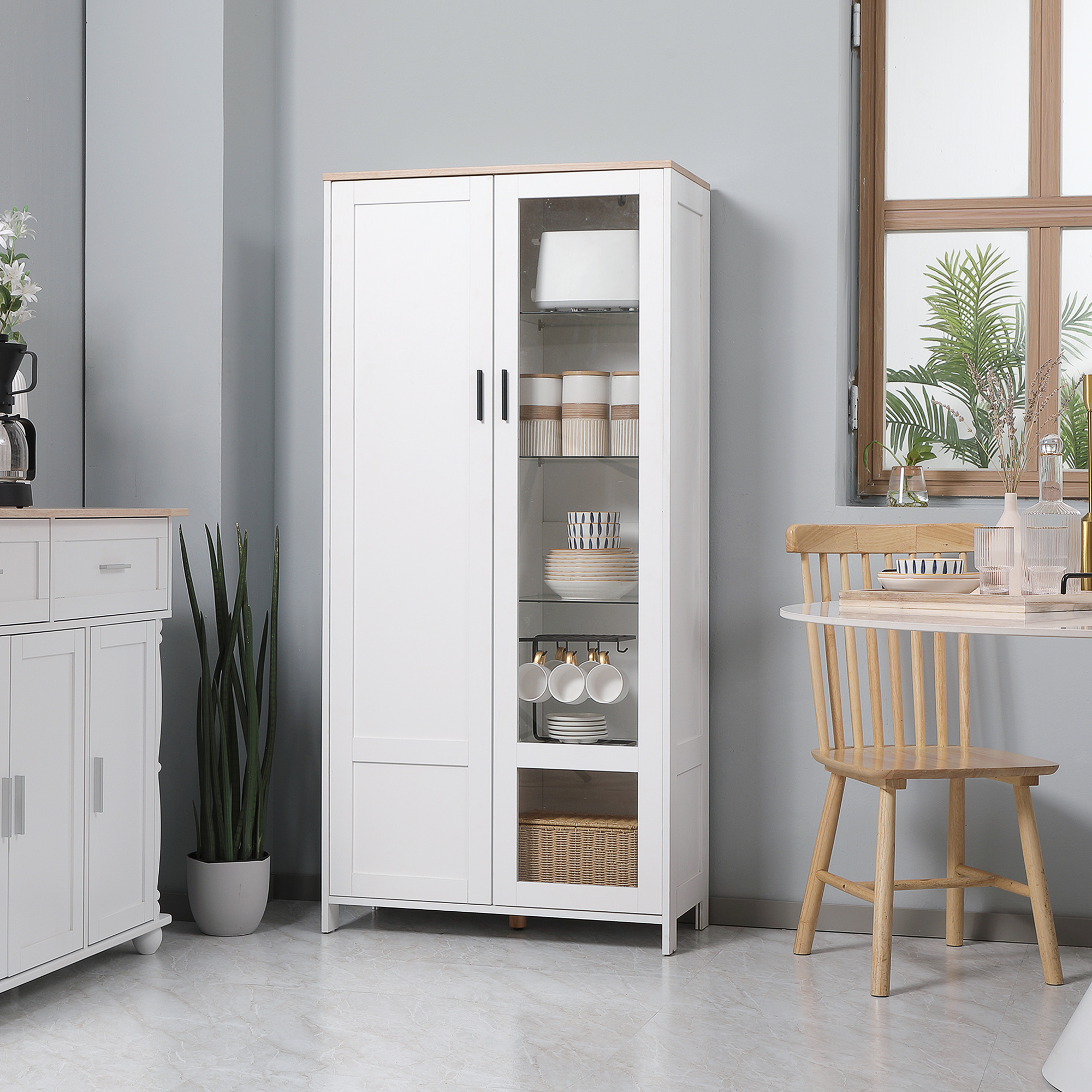 Homcom Credenza Moderna a 2 Ante con Mensole Regolabili in Legno e Vetro, 76x36x160cm, Bianco Aosom