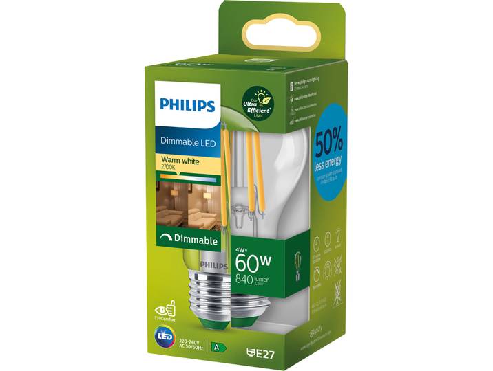 Philips LED CLA 60W A60 E27 2700K CL UE D SRT4 - Farbe: klar - LED - Lichtfarbe: Warmweiss - Material: Kunststoff- LED Leuchtmittel