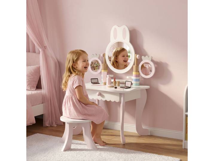AIYAPLAY Coiffeuse Enfant Rose avec Tabouret, 3 Miroirs, Tiroir