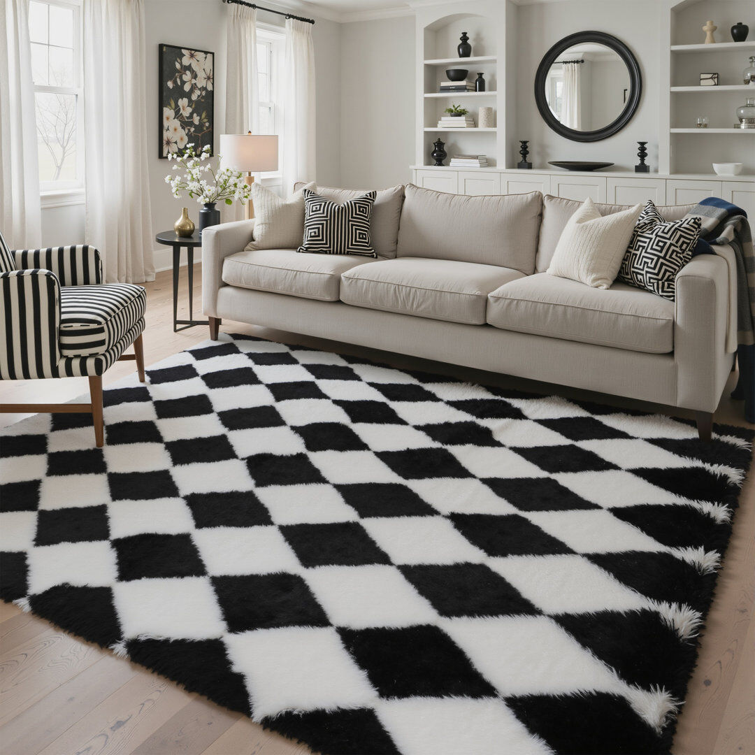 Latitude Vive Machine-Washable Checkered Shag Area Rug Black/White Rectangle 180 x 270 cm