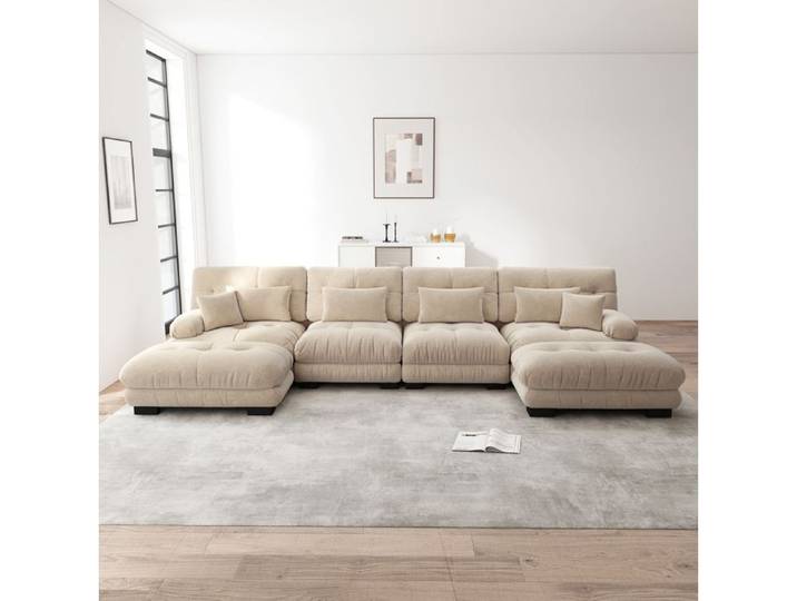 Canape Modulable 4 Places En Chenille Beige Clair Canape En U Design FloraGrace Pour Salon Ottomans Mobiles Inclus 406x145x81cm