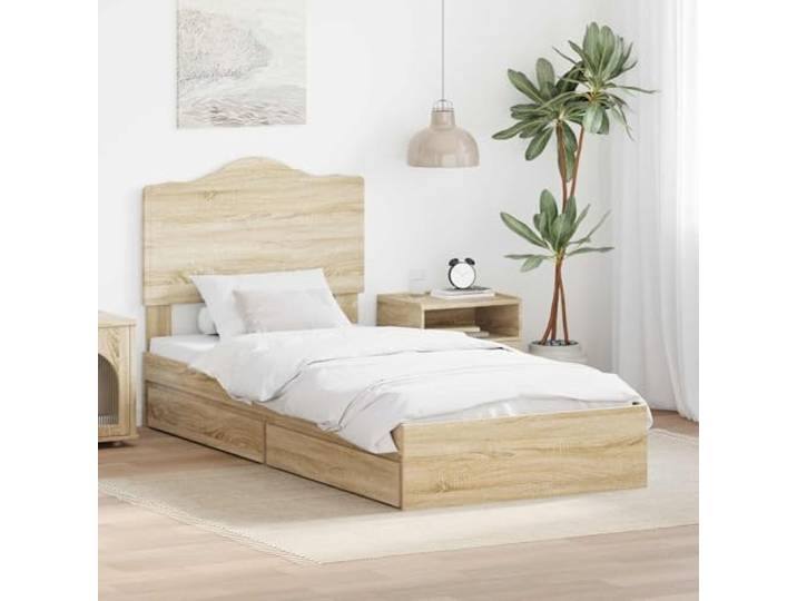 RJPLMFV Aufbewahrungsbett Sonoma Eiche 90 x 200 cm Holzwerkstoff, integrierte Schubladen, minimalistisches Design, Lattenrost inklusive
