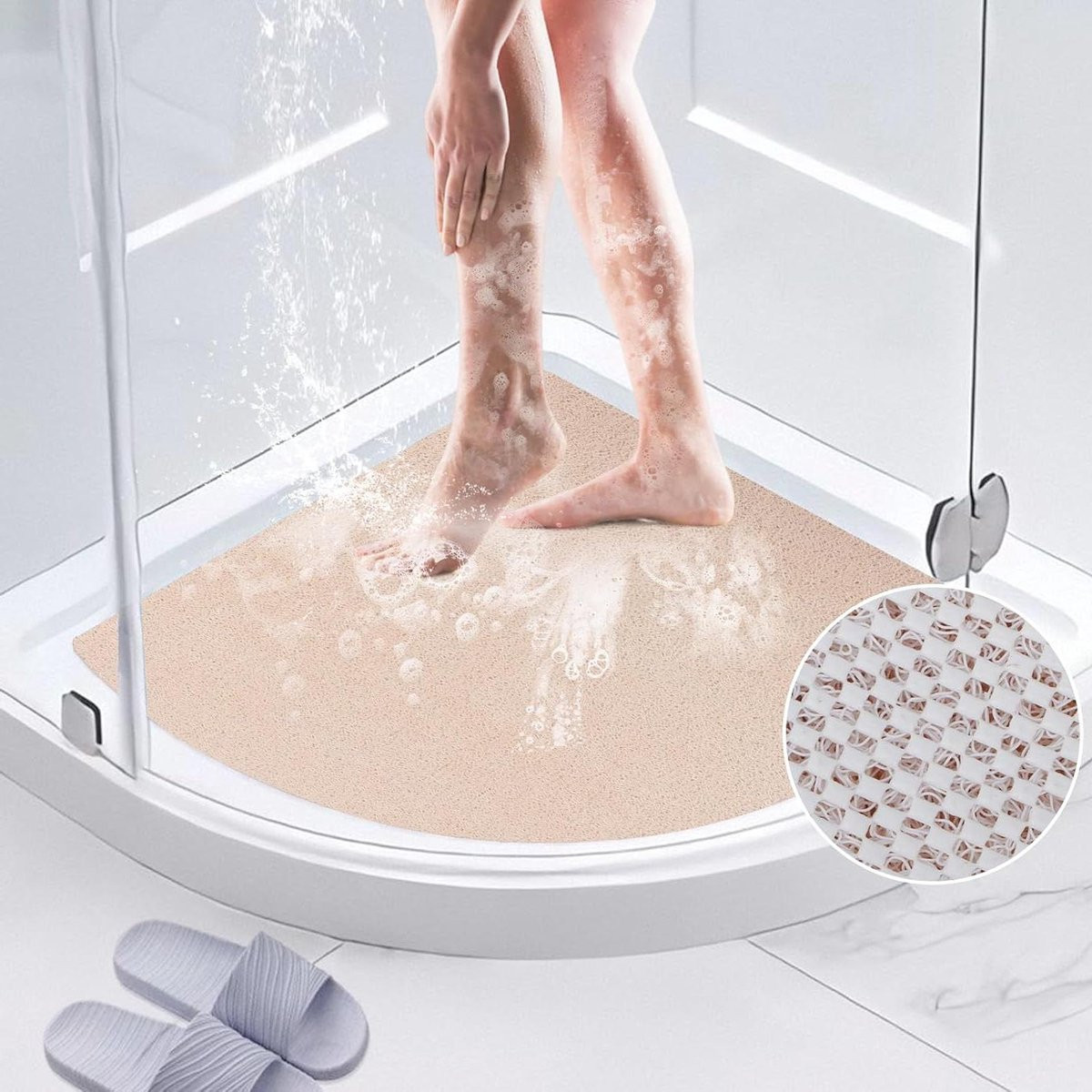 Beige Hoekdouchemat met antislip loofah structuur - 70 x 70 cm