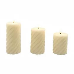 Relaxdays LED Kerzen, 3er Set, 3 Größen, flackernde Flamme, Echtwachs, gedreht, flammenlose Stumpenkerzen, champagner