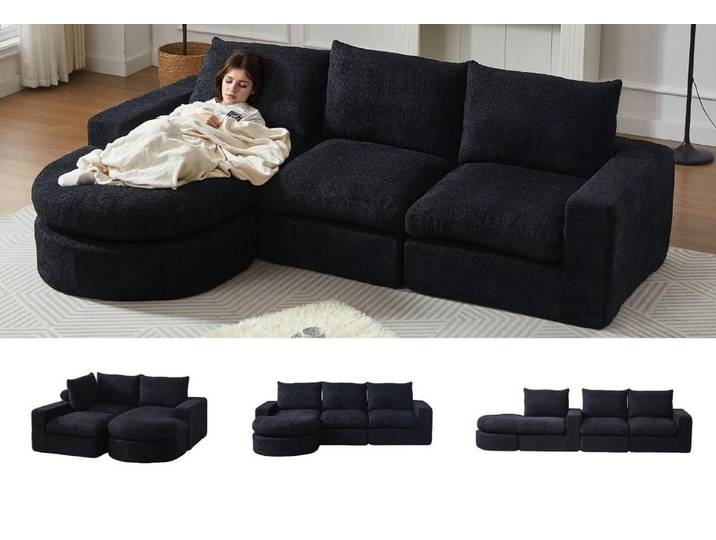 LVHOM Loungesofa Ecksofa, modulares Design, freie Kombination, doppelte Sitzkissen, Zweisitzer-Sofa mit geschwungener Chaiselongue, drei Rückenkissen, verstärktes Eisengestell, rutschfestes Design, Premium-Schaumstofffüllung, kann als Gästebett,bis zu 340 kg, komprimierte Verpackung 1 Teile, komprimierte Verpackung, ideal für Homeoffice, Wohnzimmer