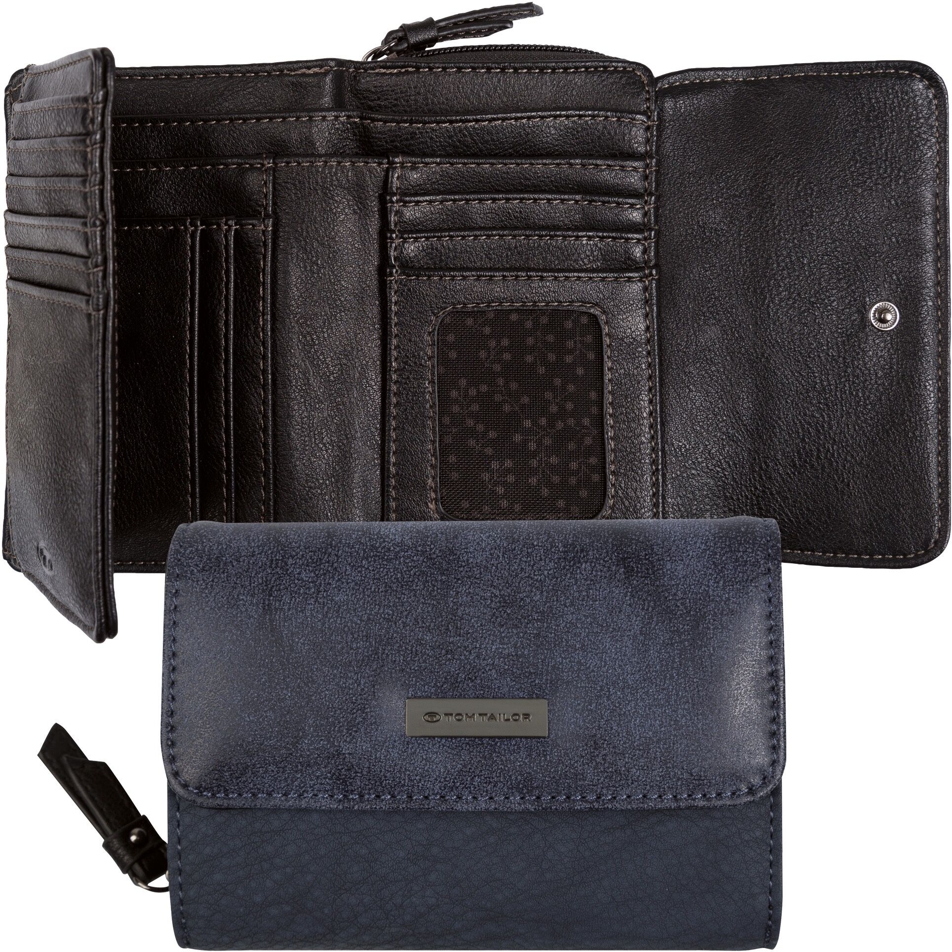 Geldbörse TOM TAILOR "Elin", Damen, blau, Polyurethan, Strukturmuster, clean, kontrastfarbene Details, mehrfarbig, Kleinlederwaren Geldbörse, harmonischer Materialmix mit leicht kontrastfarbener Steppung blau Einheitsgröße