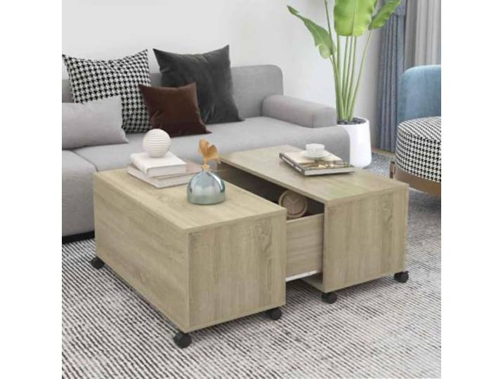 HEFZGDB Couchtisch Sonoma-Eiche 75x75x38 cm Holzwerkstoff mit Stabilem Ausziehbaren Ablagefach für Wohnzimmer und Essbereich