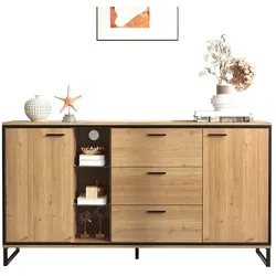 OKWISH Modernes Sideboard mit LED, viel Stauraum, verstellbare Regale, robustes MDF, Eisenfüße, Wohnzimmer Esszimmer, 160x40x85cm Naturholz