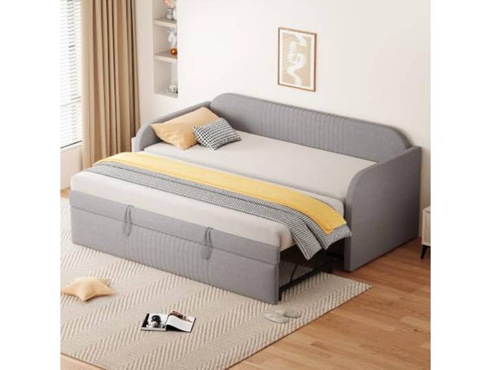 Crlnaup Polsterbett Ausziehbares Schlafsofa 90/180 * 190 cm, mit vertikalen Streifen, mit Lattenrost, Multifunktionsbett, komfortabler und atmungsaktiver Leinenstoff, Hellgrau