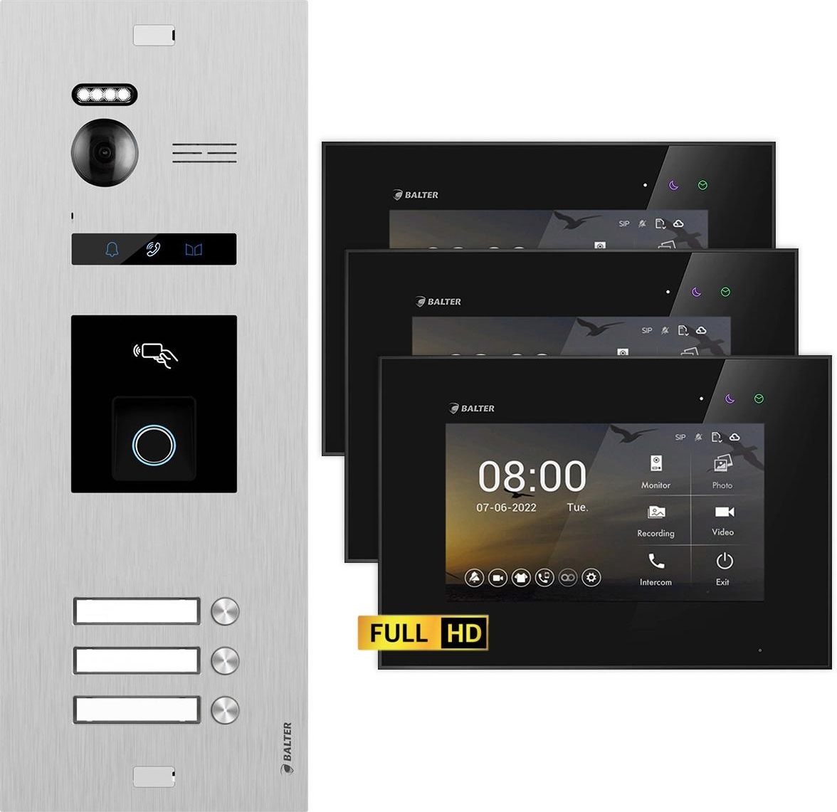 BALTER EVO HD Silber RFID/Fingerprint 3x7" Schwarz Video Türsprechanlage Set 3 Familienhaus