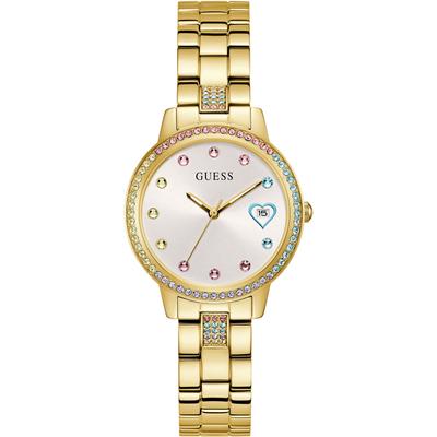 Quarzuhr GUESS "THREE OF HEARTS", gold (goldfarben), Armbanduhren, Damen, Quarzuhr, Armbanduhr, Damenuhr