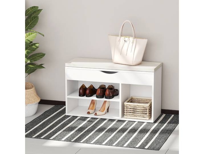 HOMCOM Banc Range-Chaussures Bois Siège Rembourré 80x30x47cm Blanc