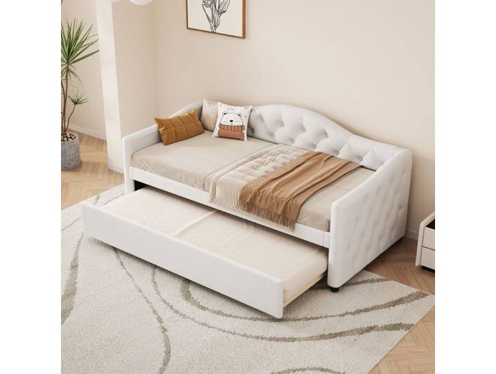 HOMVRA Lit Gigogne 90x200 cm Lit Simple Avec Lit Tiroir Lin Beige(Sans Matelas)