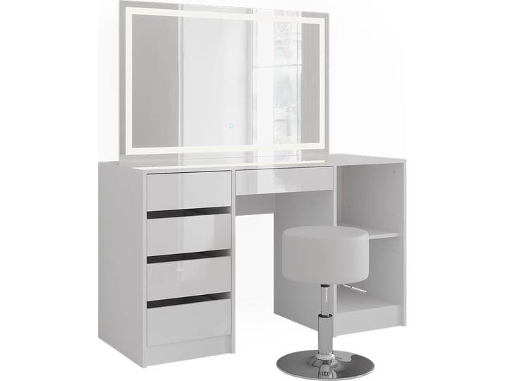 Schminktisch Vicco Sherry Weiß/Weiß Hochglanz 128.2 cm mit LED-Spiegel und Hocker, Model 57630