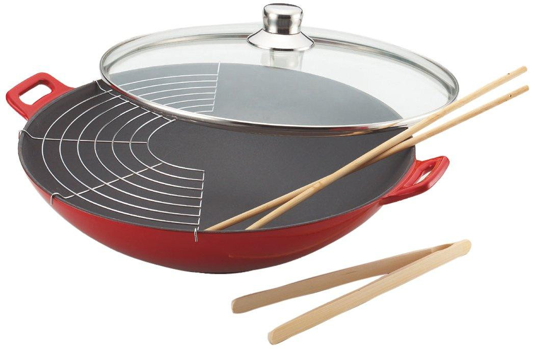 Dripio Gietijzeren wok met antiaanbaklaag en accessoires, Rood, 36 cm