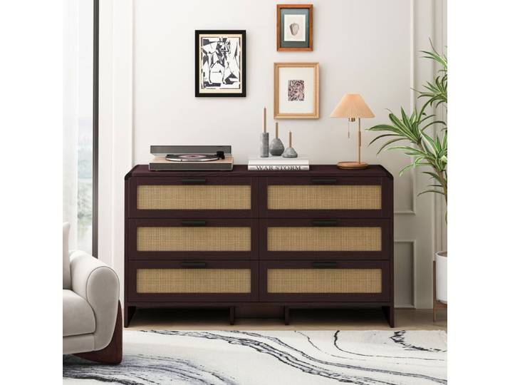 Commode de rangement - SOGEU - Arc 130 cm - 6 tiroirs - Rotin - Bicolore marron