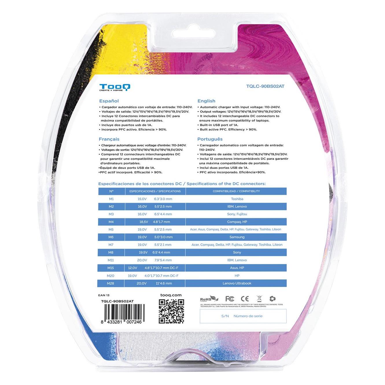 Tooq Technology TooQ TQLC-90BS02AT, Notebook, Indoor, 100 - 240 V, 90 W, 12 - 20 V, AC-to-DC (90 W) (TQLC-90BS02AT)