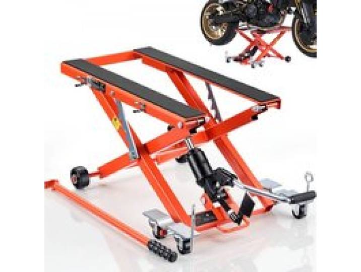 VEVOR Hydraulischer Motorradheber 499 kg Tragkraft Motorradhebebühne mit 6 Rädern 120–385 mm Höhenverstellbar Hydraulik Heber Fußbedienung Montagebock für Dirtbike ATV Cruiser Motorradständer Orange