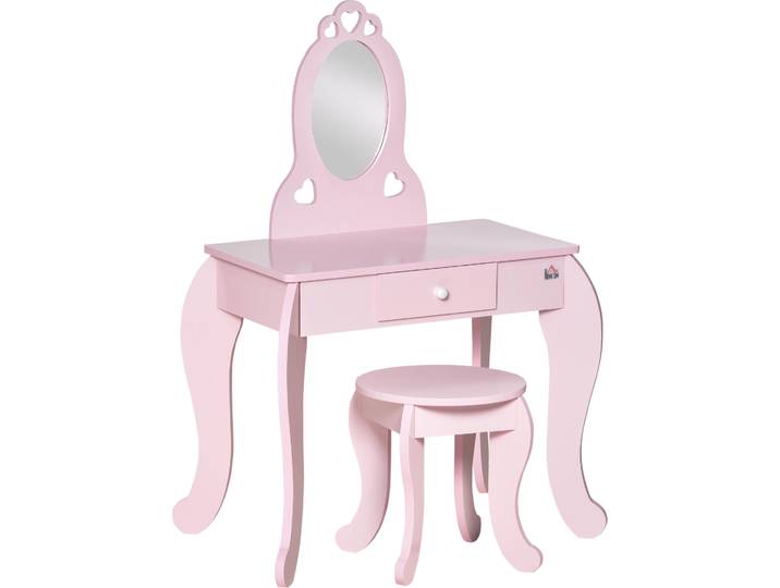 HOMCOM Coiffeuse Enfant Design Girly avec Motifs à Coeur - Tabouret Inclus - dim. 60L x 36l x 88H cm - tiroir\, Miroir - MDF - Rose