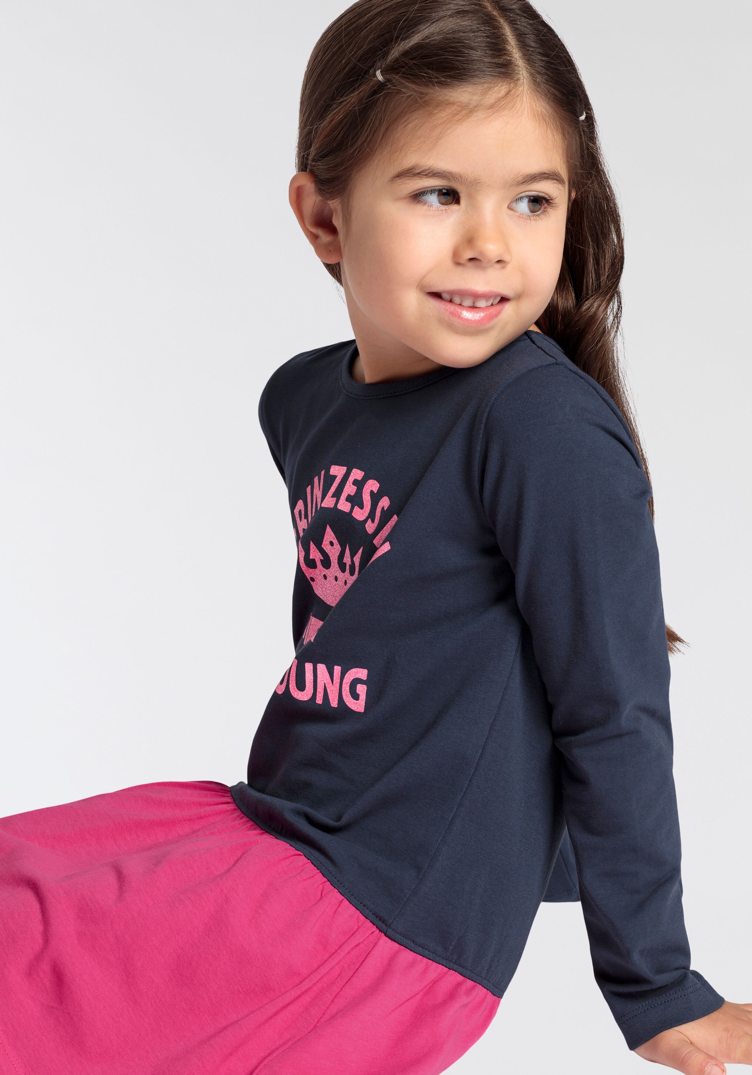 Jerseykleid KIDSWORLD "PRINZESSIN IN AUSBILDUNG", Mädchen, Gr. 92/98, N-Gr, Langarm, Single Jersey, blau (marine, pink), Single Jersey, Obermaterial: 95% Baumwolle, 5% Elasthan, bedruckt, mehrfarbig, ausgestellt kniefrei, Rundhals, abgesteppte Kante, Klei
