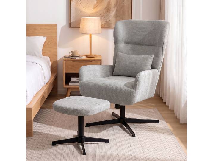HOMCOM Fauteuil Pivotant Réglable Chenille Blanc Crème Repose-pieds