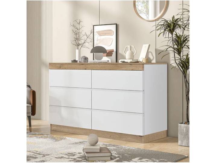 VUENOR commode 6 tiroirs 110 x 40 x 67 5 cm blanc et décor chêne – rangement pratique