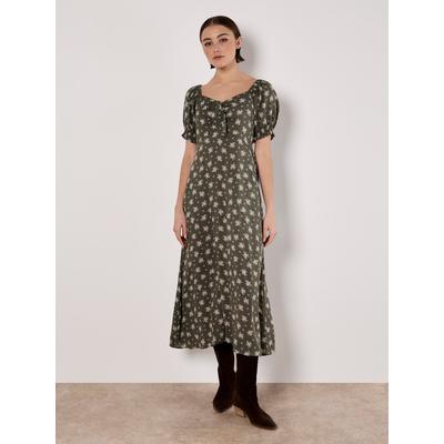 Maxikleid APRICOT "Geblümtes Maxikleid", Damen, Gr. XS (34), N-Gr, grün (khaki), gewebt, Obermaterial: 100% Viskose CV., geblümt, Puffärmel, Kleider Maxikleid, mit Puffarmen