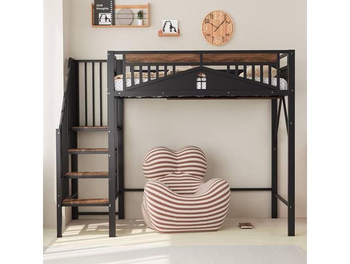 KOMHTOM Lit haut en métal 90x200 cm avec frontière et fenêtres de sécurité uniques