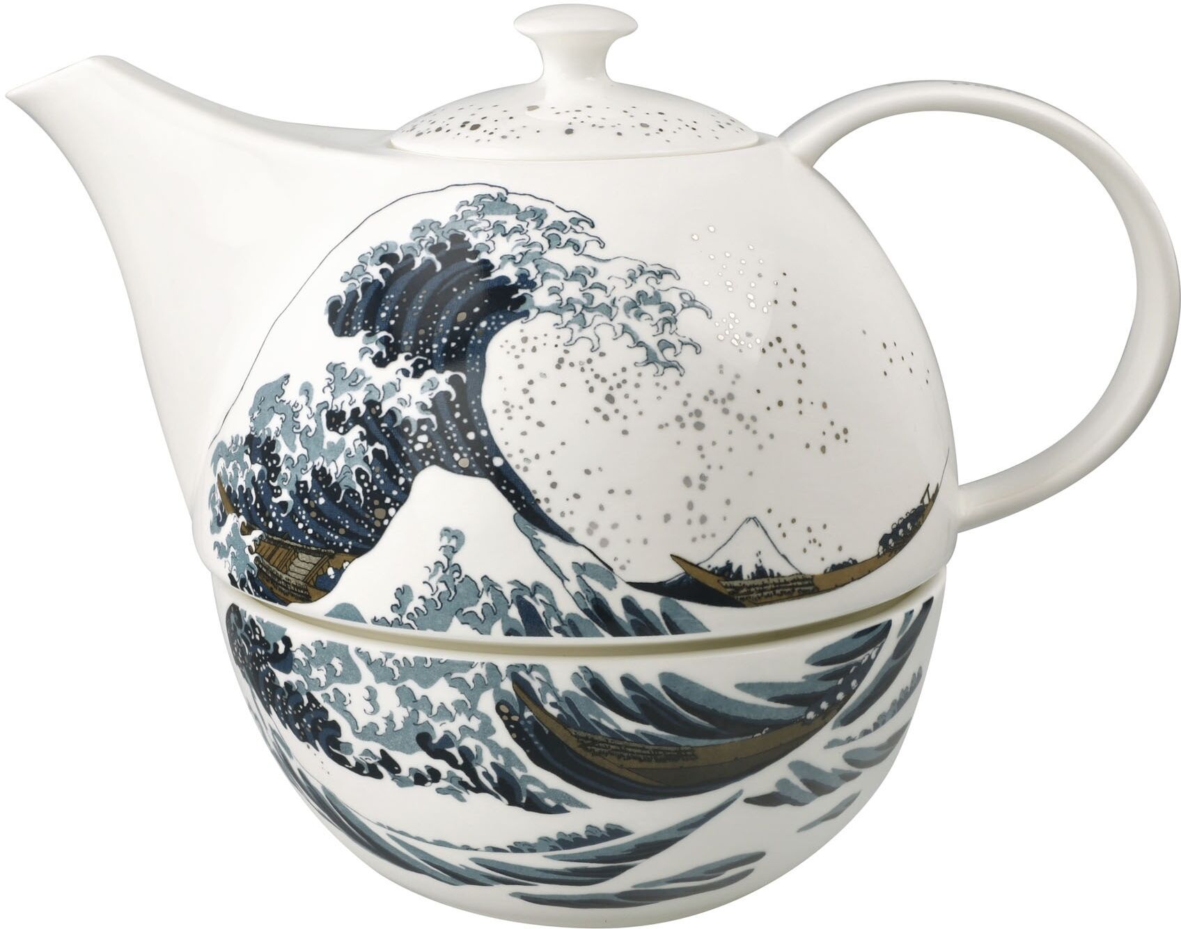 Kanne GOEBEL "Teekanne mit Stövchen Hokusai- Die Grosse Welle", weiss (bunt), B:16cm H:19cm, Porzellan, Kannen, Kanne bunt Einheitsgröße
