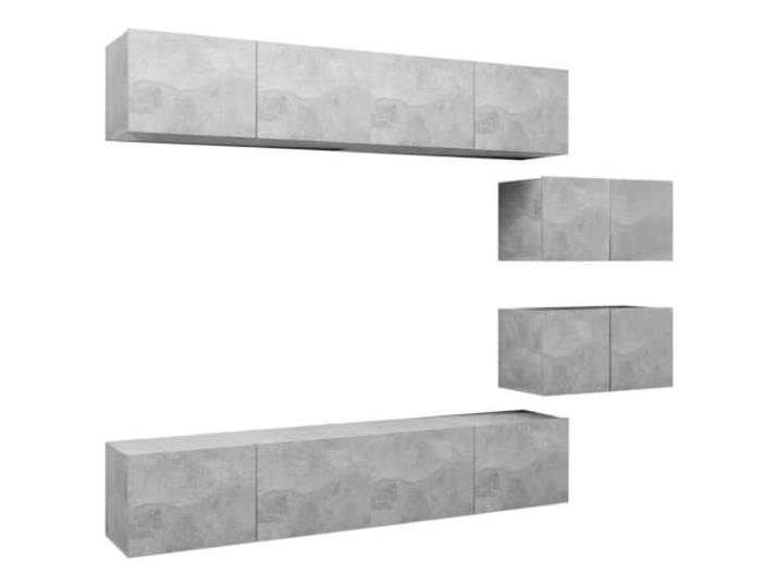 KGFHERENB 6-tlg. Hängendes TV-Schrank-Set Betongrau Holzwerkstoff Flexible Wandmontage schafft freie Bodenflächen im Wohnzimmer und bietet geordneten Stauraum für Multimedia-Zubehör.