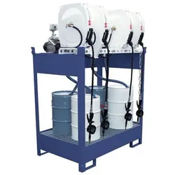 Öl-Abgabestation mit Wanne für 4 Fässer, 4xElektropumpe, Schlauchaufroller 10m, Zapfpistole,Zähler