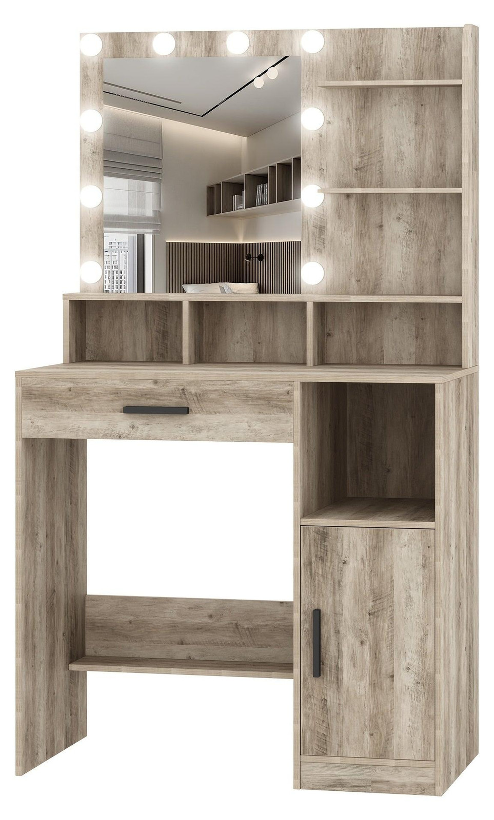 Selius Kaptafel met LED-spiegel, makeuptafel met 3 planken, 4 open vakken, grote lade en kledingkast