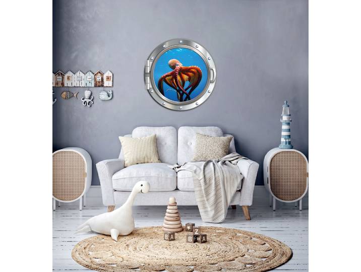 Wandsticker QUEENCE 3D Bullauge Illusion Tintenfisch Korallen 40x40 cm , silberfarben, Ø:40cm, Vinyl, Wandtattoos, Wandsticker, Selbstklebender Wanddurchbruch Unterwasser