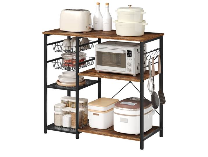Étagère de rangement pour micro-ondes WOLTU avec 2 paniers et 5 crochets, étagère de cuisine sur pied pour café et appartement