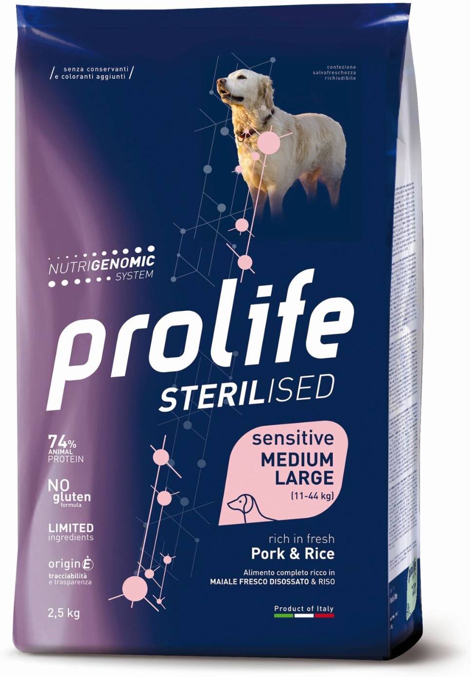 Prolife® Sterilised Sensitive Adult Medium/Large Maiale e Riso per Cani 12Kg