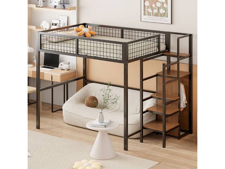 Lit mezzanine 140x200 cm avec échelle lit enfant avec étagère de rangement lit double noir