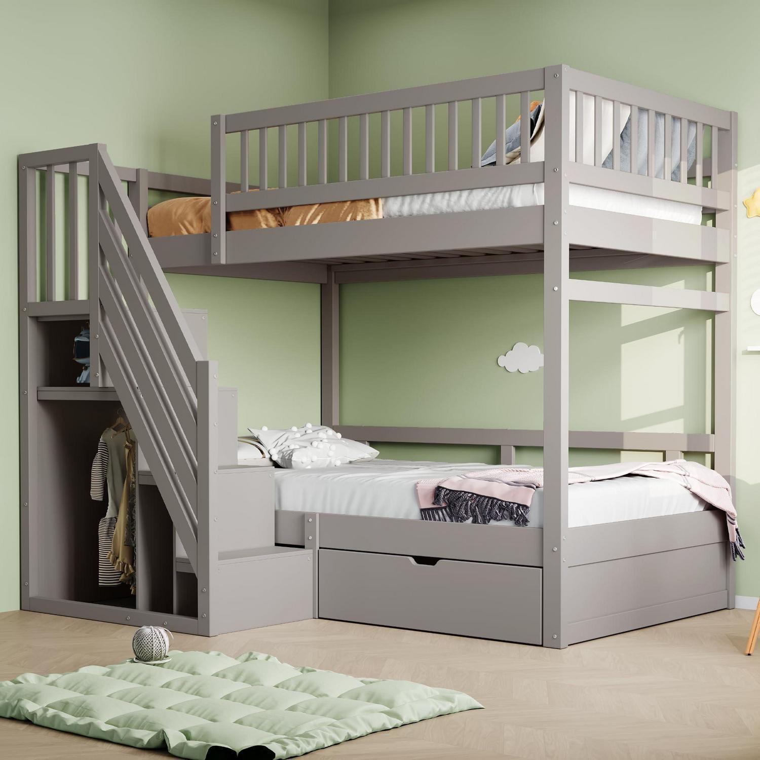 Etagenbett 90x200 cm Massivholz Grau mit Treppe und Aufbewahrung