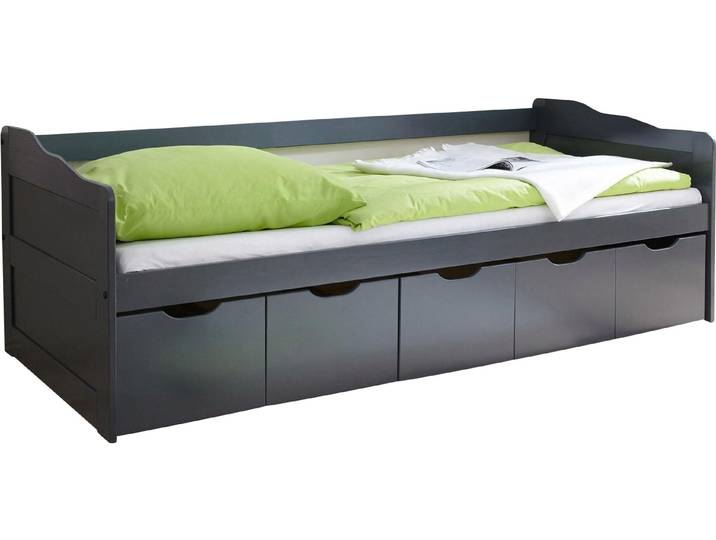 Funktionsbett TICAA Maria , grau (kiefer massiv anthrazit), B:96cm H:69cm L:204cm, Daybetten, Funktionsbett, mit 5 Schubkästen, wahlweise mit Matratze