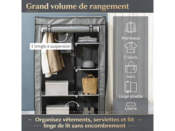 URTR Armoire en tissu pliable 6 compartiments 103x43x162 5 cm effet non-tissé gain de place pratique et élégante gris