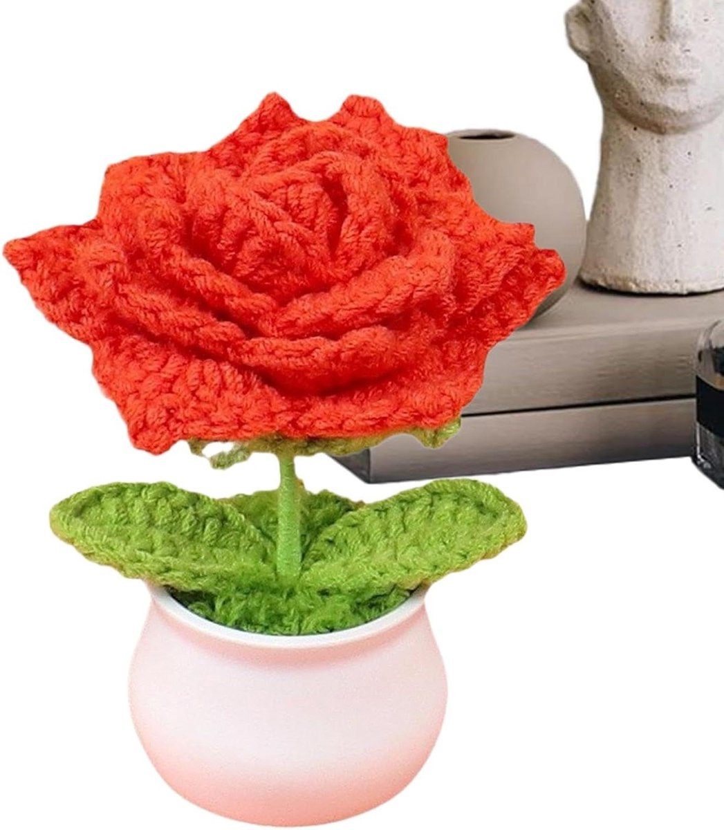 Handgeweven gehaakte bloemen decoratie in het rood, Hoogte: 13 cm