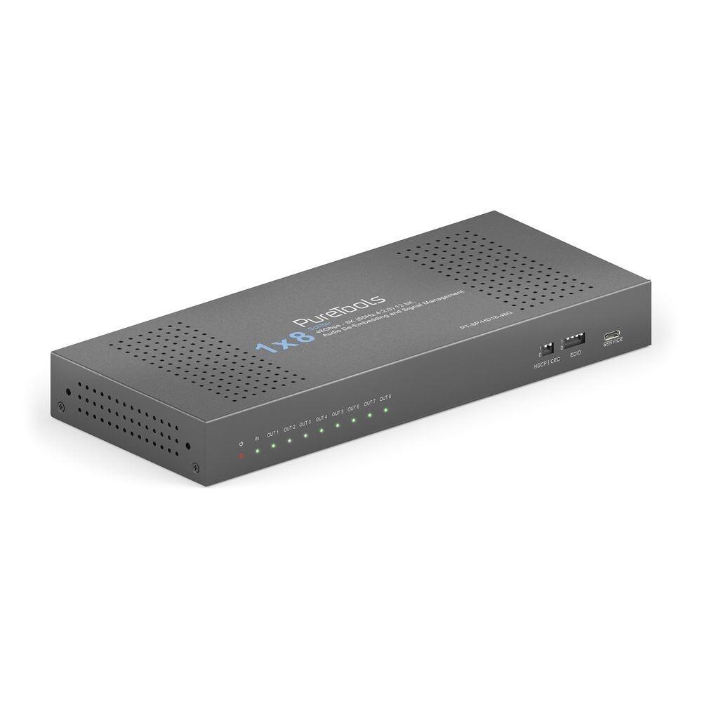 PureTools - 1x8 HDMI2.1 Splitter - 48Gbps - 8K (60Hz 4:2:0) 12 bit, Audio De-Embedding und Signal Management PT-SP-HD18-48G