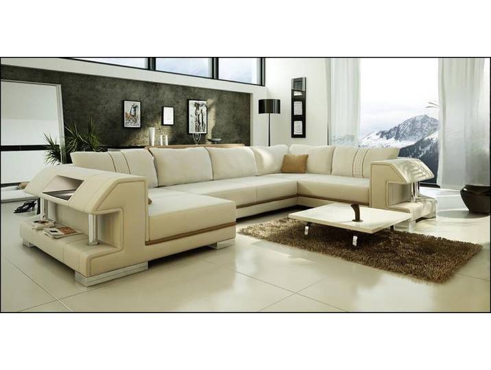 JVmoebel Wohnlandschaft Beige U-Form Ledercouch mit hochwertigem Echtleder und Kunstleder, Made in Europa
