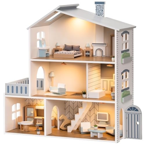 ROBUD Houten poppenhuis met verlichting, 3 etages, inclusief meubels en trap