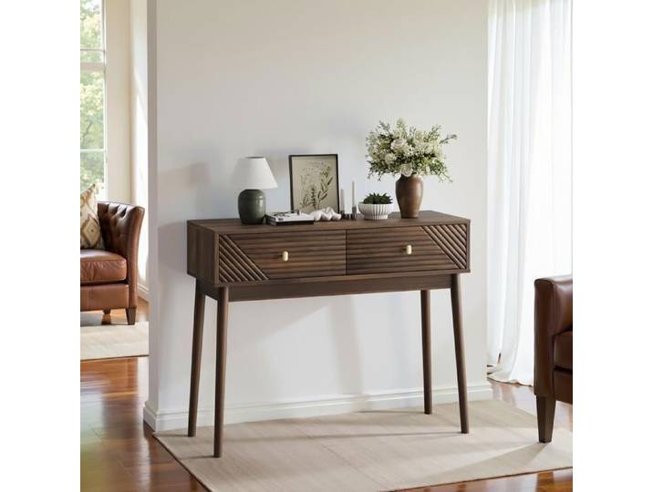 Console 100x35x80 cm effet noyer avec 2 tiroirs ondulés étagères ouvertes pieds en pin massif et anti-basculement