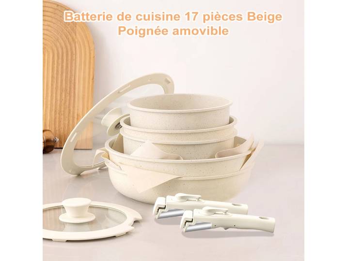 MDHAND Ensemble de 17 casseroles et poêles beiges, ustensiles de cuisine antiadhésifs, poignée amovible avec poêles et casserole, ensemble de cuisine