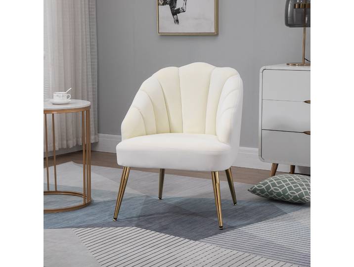 HOMCOM Fauteuil Velours Coquillage Pieds Dorés 63x65x84cm Crème