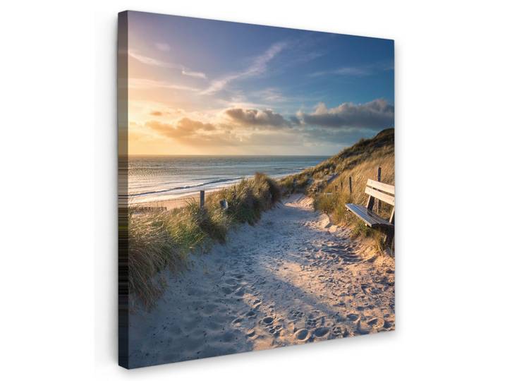 LEINWANDBILD Sonnenuntergang - Strand - Düne - Gras - Ufer Wandbild Wohnzimmer 50x50 cm