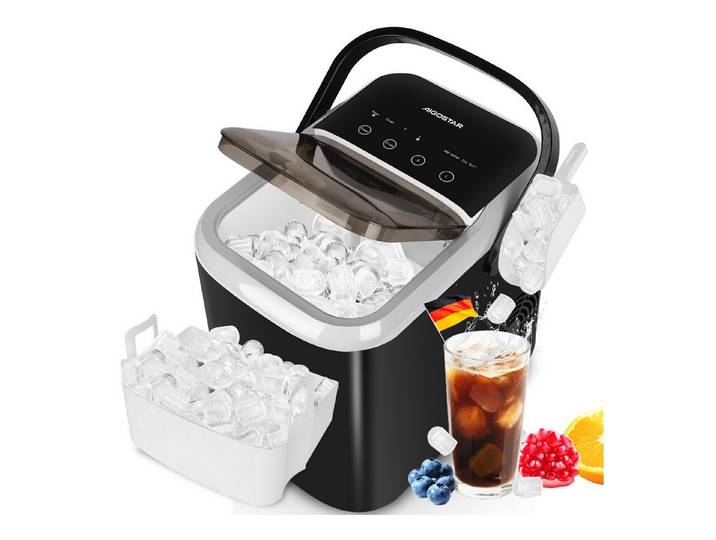 Aigostar Eiswürfelmaschine 1,5L, 130W Doppeldeckel-Design Eiswürfel Maschine, Selbstreinigend, 9 Eiswürfel in 6-10 Mins, 14kg/24h, 2 Eiswürfel Größen