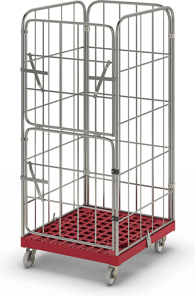 kaiserkraft Rollbehälter MODULAR, Kunststoff-Rollplatte, Gitter 4-seitig, Platte rot